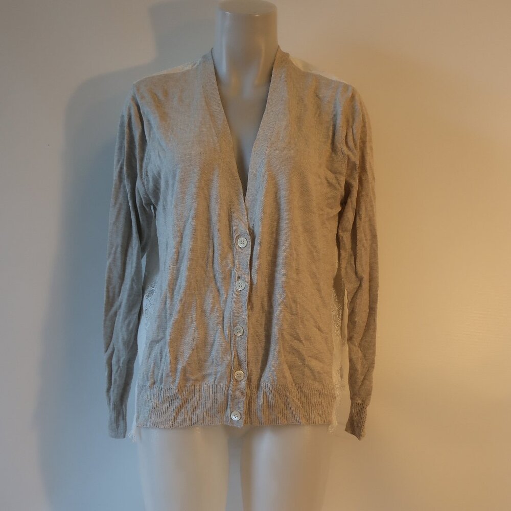 NWT Womens Maille Clu Taupe White Lace Knit Button-Up V-Neck Cardigan Sweater S*